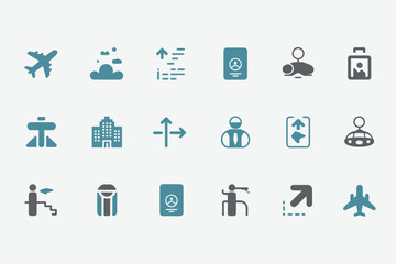 Collection of travel and transportation icons in blue and gray on a white background layout design