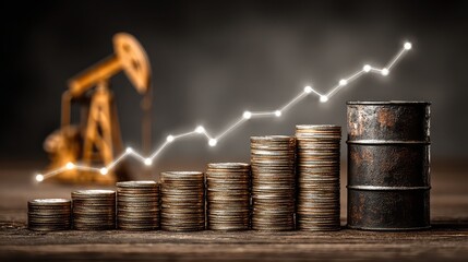 Oil pump and stacked barrels placed beside rising data trendline illustrate energy market growth, fossil fuel insights, and financial forecasting through oil sector analytics.