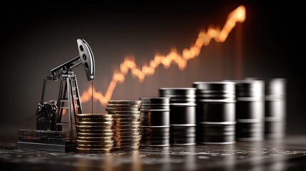Oil pump and stacked barrels placed beside rising data trendline illustrate energy market growth, fossil fuel insights, and financial forecasting through oil sector analytics.