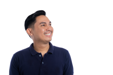 Smiling man looking up with hopeful and thoughtful expression isolated on transparent background