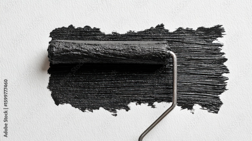 Poster a roller covered in black paint glides across a blank white canvas, creating bold strokes. the artis