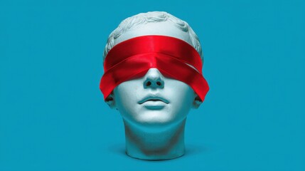 A white sculpture of a young male figure with a blindfold made of bright red fabric is displayed on a striking blue background. The artwork symbolizes perception and awareness.
