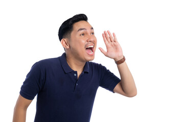 Excited man shouting with hand near mouth as if calling or announcing isolated on transparent...