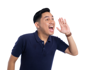 Excited man shouting with hand near mouth as if calling or announcing isolated on transparent background