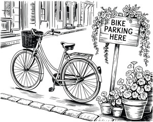 High-Resolution Line Art Illustration of Bicycle with Basket on Cobblestone Street, Surrounded by Potted Plants and Buildings in Centered Composition