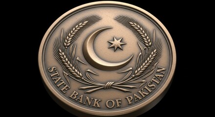 Emblem of the State Bank of Pakistan coin emblem featuring Islamic crescent star and wheat ears