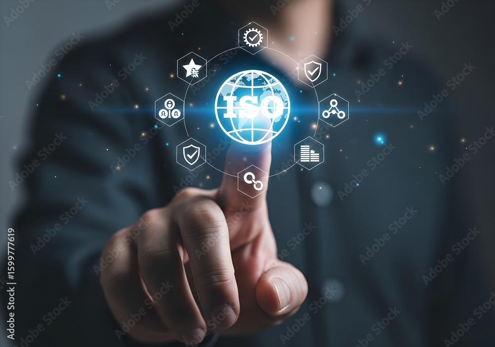 Poster businessman activating iso quality control concepts with digital interface and business icons