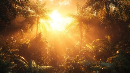 Golden Hour in the Tropical Paradise: A Sunrise Through Lush Palm Trees