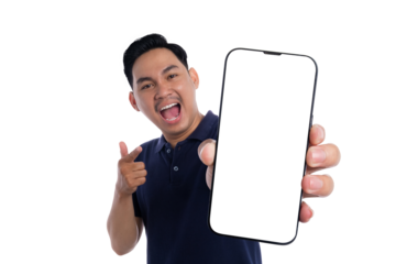 Cheerful man pointing and showing smartphone with blank screen isolated on transparent background