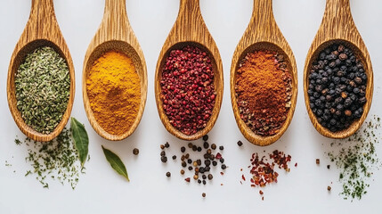 Overhead view of assorted colorful spices artfully arranged in wooden spoons on a clean white background. Vibrant textures and hues showcase culinary variety and natural ingredients.

