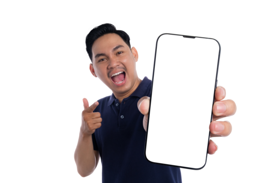 Cheerful man pointing and showing smartphone with blank screen isolated on transparent background - Powered by Adobe