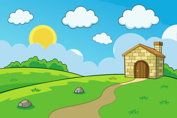 Fototapeta premium Green meadow, sunny sky with clouds in the distance and a stone house vector illustration