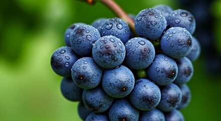 Freshly harvested ripe grapes glistening with water droplets ready for wine making or enjoying as a healthy snack in the autumn season