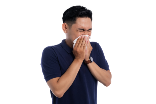 Sick man sneezing into tissue with eyes closed showing flu or allergy symptoms isolated on transparent background