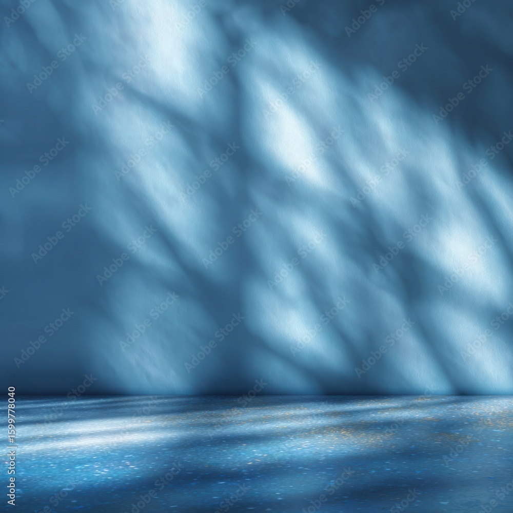 Poster soft beams of light filter through an unseen window, casting intricate shadows against a rich blue b