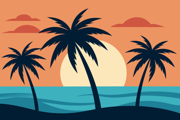 Obraz premium Palm trees swaying in sunset breeze near ocean vector illustration 