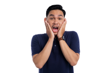 Shocked man with hands on cheeks expressing surprise and disbelief isolated on transparent background