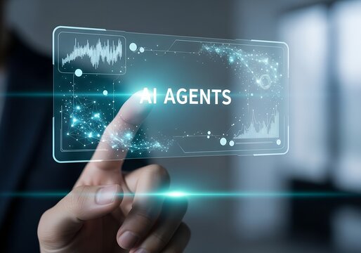 Futuristic touchscreen interface with ai agents concept showing data analysis and technological advancement