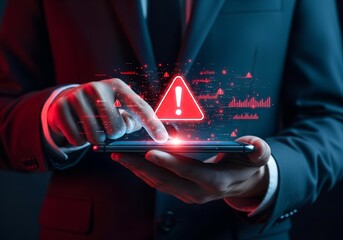Businessman interacting with smartphone displaying a digital red alert warning symbol concept