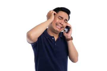 Stressed man crying while talking on smartphone with emotional expression isolated on transparent background