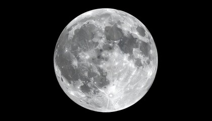 Full moon on black: bright lunar satellite in the dark night sky with visible craters