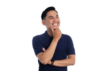 Thoughtful smiling man looking up while touching chin in thinking pose isolated on transparent...