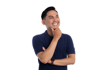 Thoughtful smiling man looking up while touching chin in thinking pose isolated on transparent background