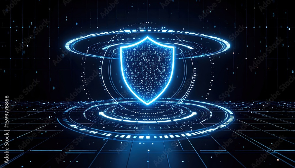 Poster futuristic digital shield with glowing neon circuit lines and holographic effects representing cyber