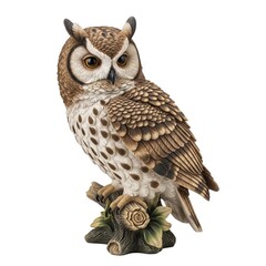 Perched owl statue isolated on white background