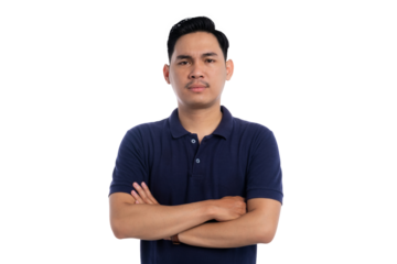 Confident serious man with arms crossed looking at camera isolated on transparent background