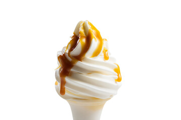 a vanilla ice cream cone with caramel sauce