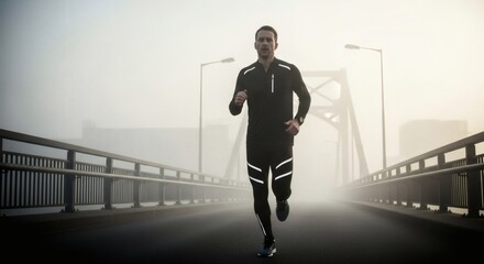 Man in athletic gear running on a bridge shrouded in early morning fog scenario
