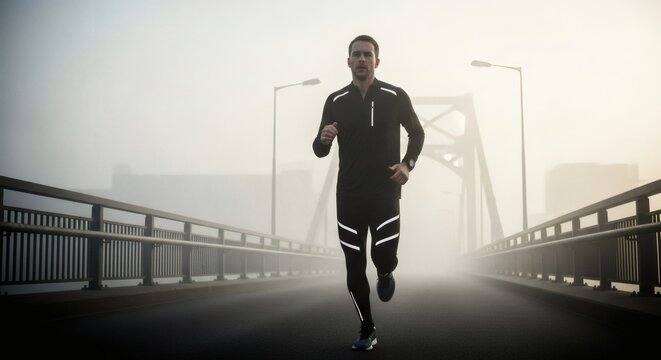 Man in athletic gear running on a bridge shrouded in early morning fog scenario