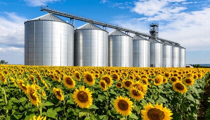 Silos in a sunflower field under a vibrant blue sky