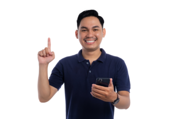 Smiling man holding smartphone and raising index finger showing great idea and innovation concept isolated on transparent background