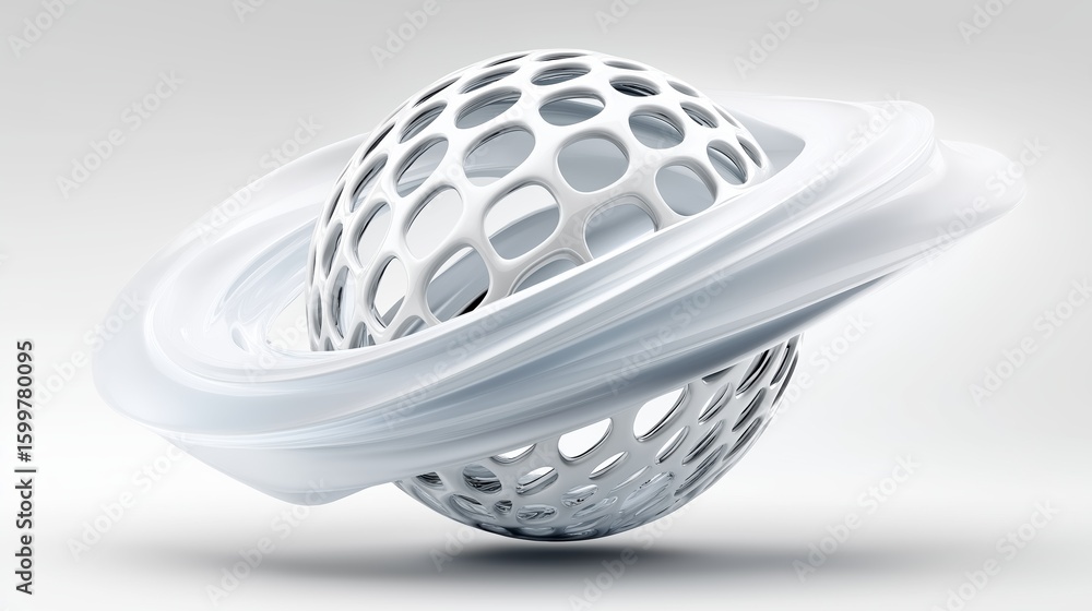 Poster floating white lattice sphere wrapped in smooth flowing abstract fabric on a soft gradient backgroun