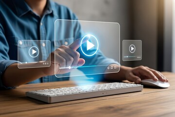 Person interacting with online video player interface using computer technology and keyboard