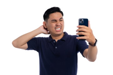 Frustrated man scratching neck while looking at smartphone with confused and annoyed expression isolated on transparent background
