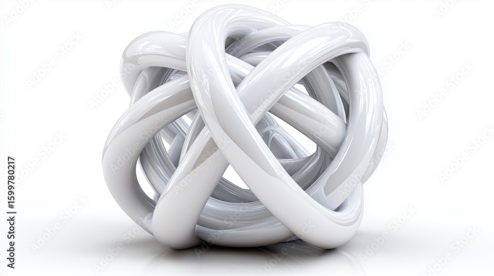 Poster glossy abstract white twisted knot sculpture with interwoven smooth loops forming a modern decorativ