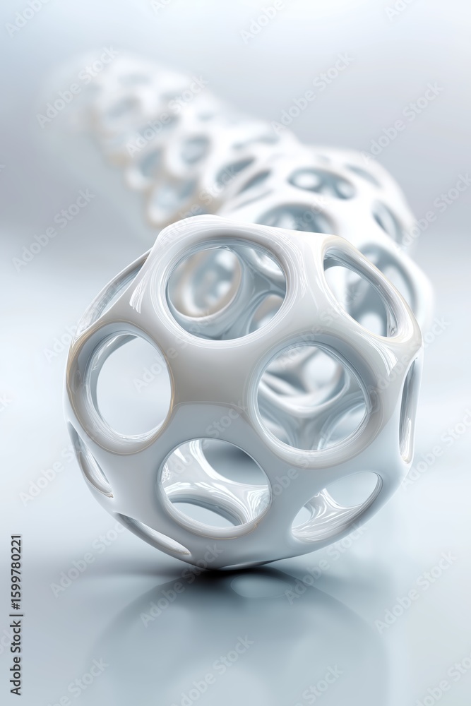 Poster glossy abstract white lattice geometric sphere with hollow organic structure and clean futuristic de
