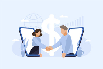 Online business deal and partnership concept. Businessman and businesswoman shaking hands coming out of smartphone screens against dollar symbol and financial icons. Flat vector illustration. Design