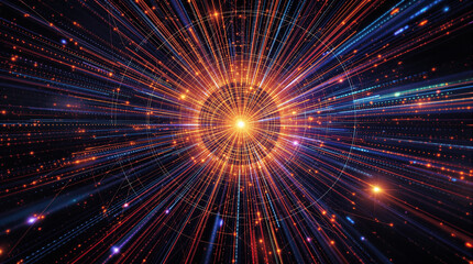 Fototapeta premium A vibrant, abstract digital artwork depicting a radiant, multicolored energy burst emanating from a central circular core, surrounded by intricate geometric patterns and glowing.