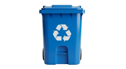 Bright blue recycling bin with white universal recycling symbol prominently displayed on its front, featuring wheels and a lid.