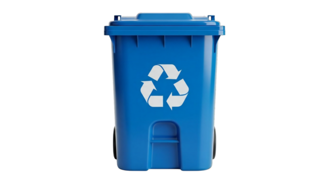 Bright blue recycling bin with white universal recycling symbol prominently displayed on its front, featuring wheels and a lid.