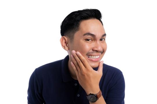 Happy smiling man touching smooth cheek after shaving showing fresh face and skincare routine isolated on transparent background