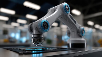 AI workforce solutions concept, Robotic arm working on a digital interface in a modern industrial setting.