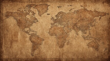 Detailed world map is displayed on a textured brown paper background. The map shows different countries, oceans, and geographical features in an antique style.