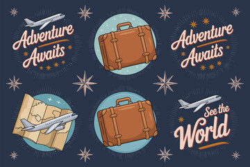 A travel themed background with suitcases, airplanes, maps, stars, and adventure awaits messages