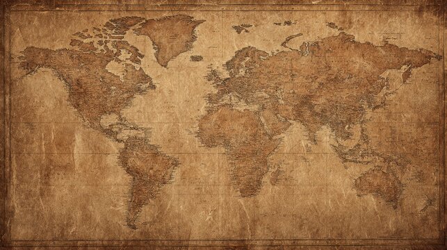 Fototapeta Detailed world map is displayed on a textured brown paper background. The map shows different countries, oceans, and geographical features in an antique style.