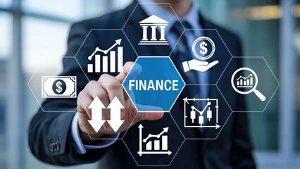 Businessman touching finance interface with banking data and financial growth graphics
